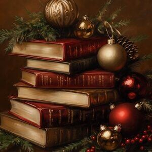Book Lover Holiday Matted Print Books w/Gold Ornaments Christmas Decor 11x14"